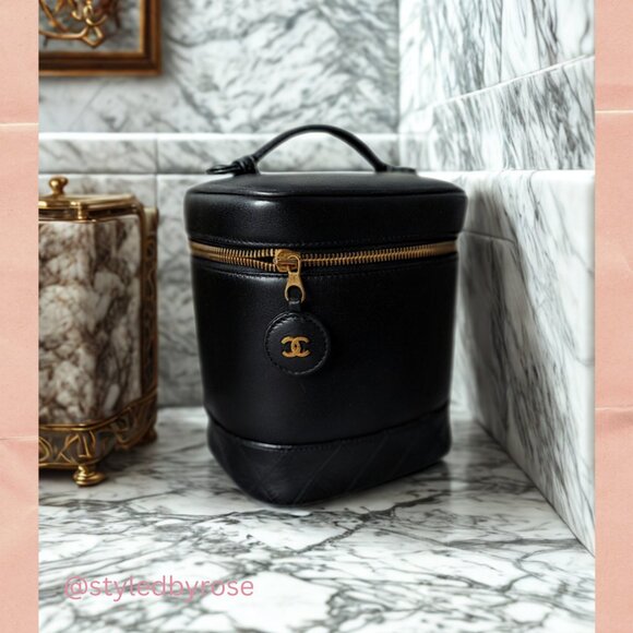 Authentic Vintage Chanel Vanity Case Collectible – 24k Gold + Black Calfskin - Picture 8 of 10
